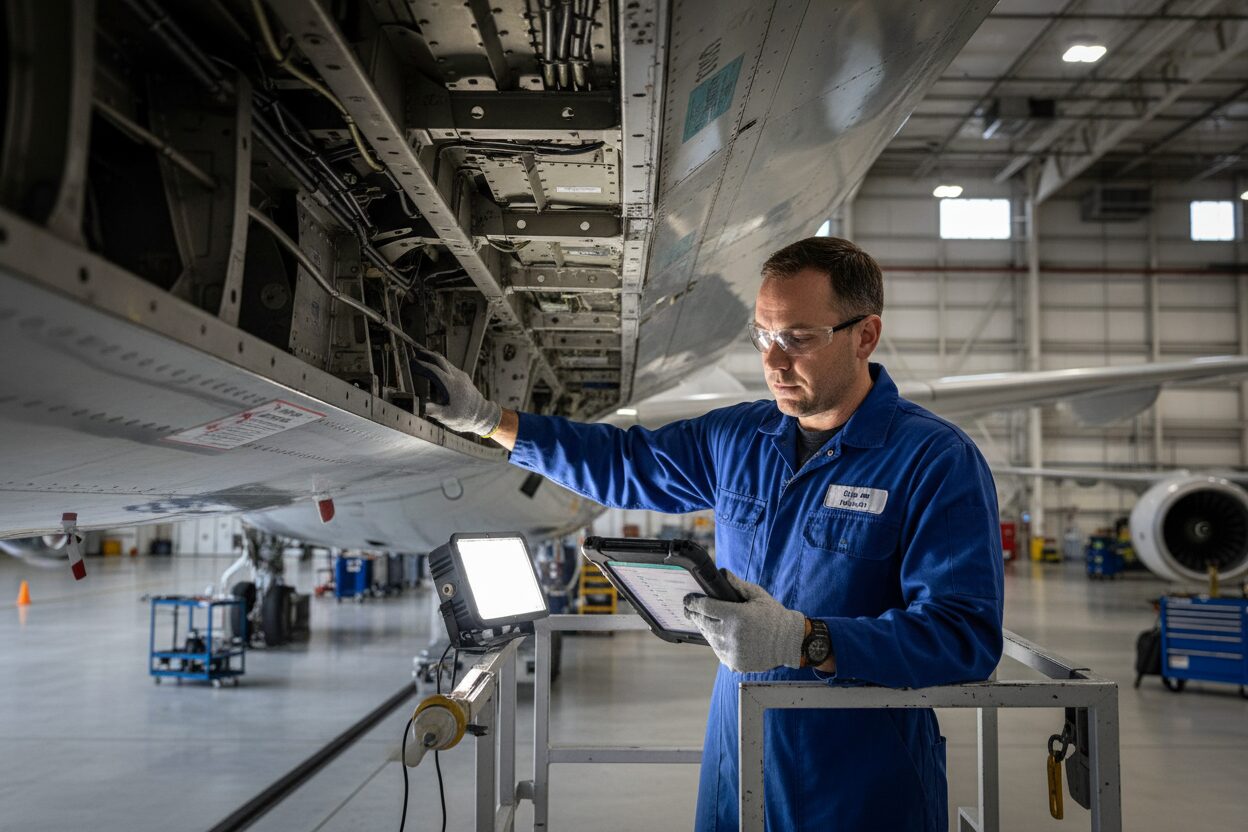 Aircraft maintenance engineer inspecting the underside of an airplane inside a hangar.
