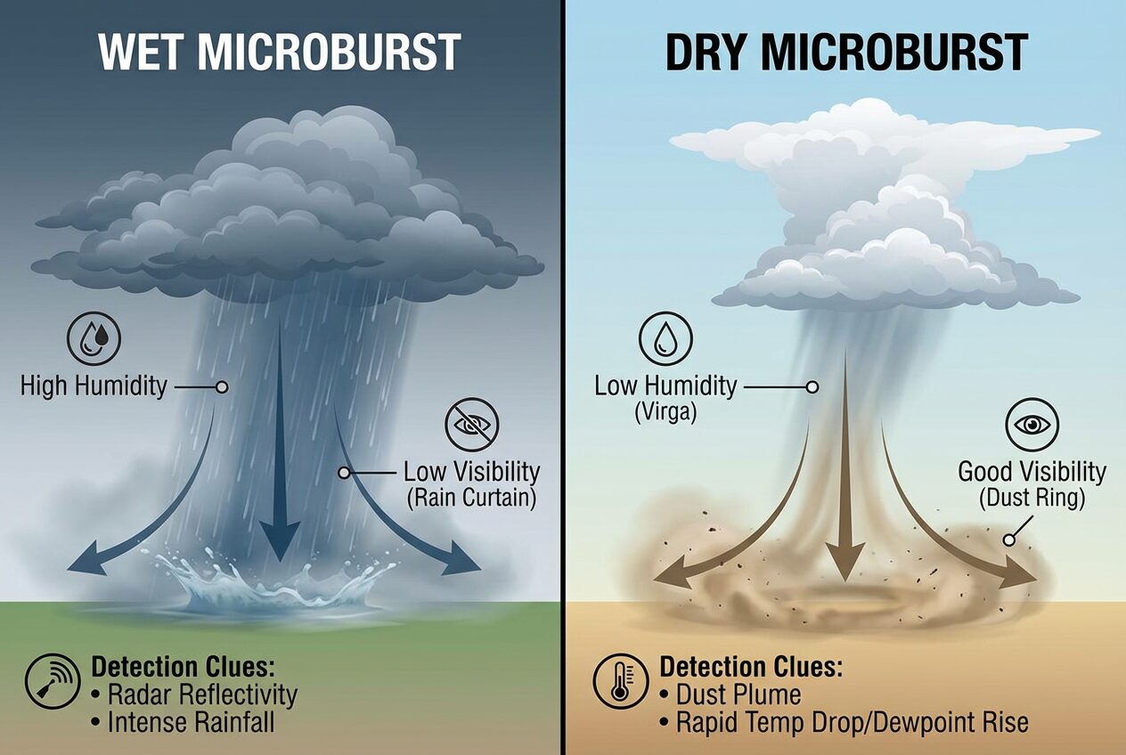Illustration comparing wet microburst and dry microburst with weather conditions and visibility clues.
