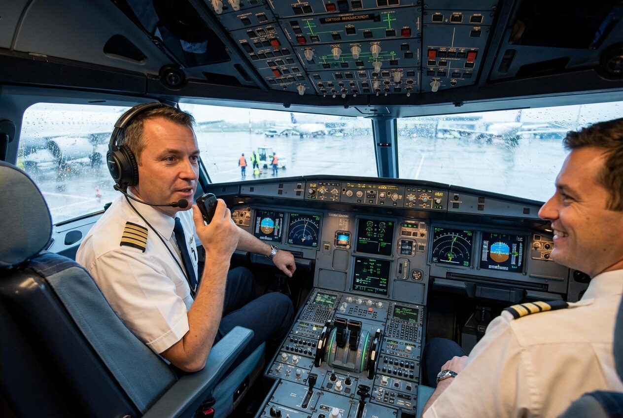 Pilot in the cockpit communicating via radio while preparing the aircraft for departure.