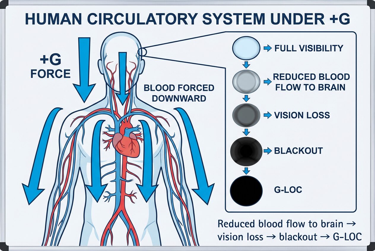 Diagram showing how +G force affects the human circulatory system and blood flow during flight.