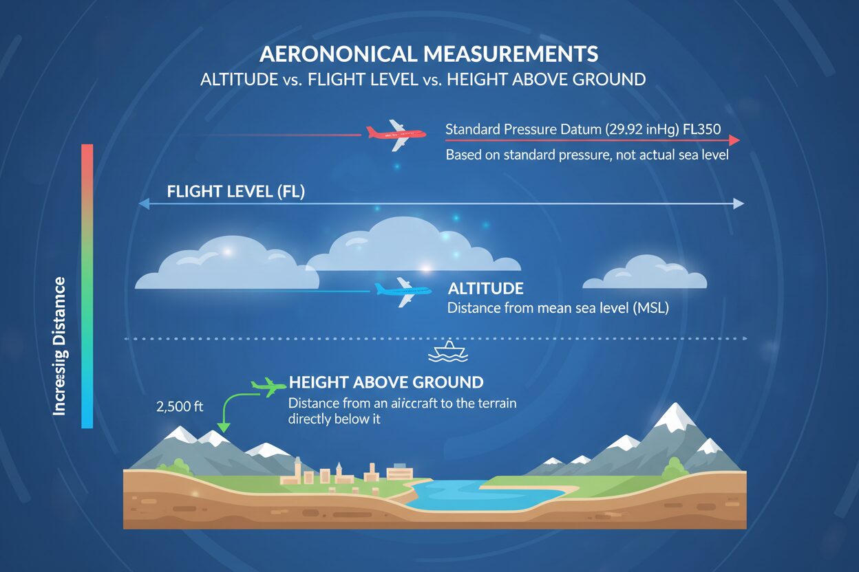 Illustration explaining the difference between flight level, altitude, and height above ground in aviation.
