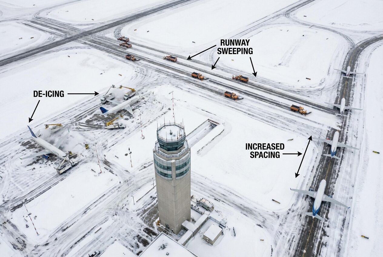 Aerial view of snowy airport with runway sweeping, de-icing, and increased aircraft spacing.