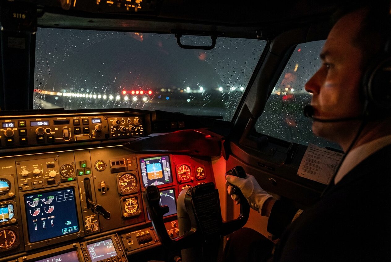 Pilot in cockpit during nighttime takeoff with rain on the windshield and illuminated runway lights.
