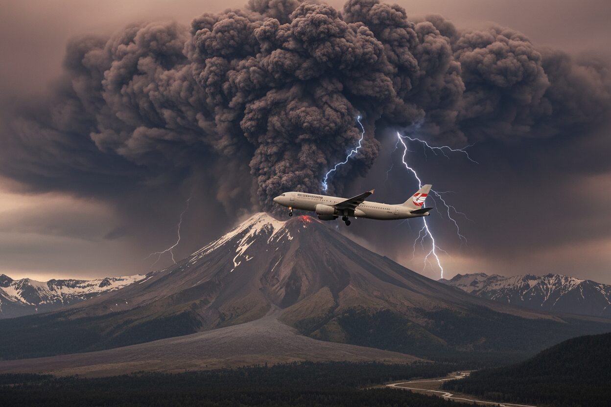 Airplane flying near an erupting volcano with ash cloud and lightning strikes in the sky.