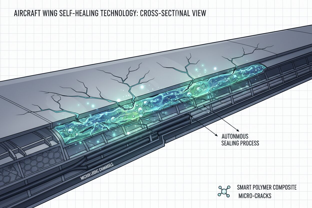 Cross-sectional diagram showing self-healing aircraft wing technology with microfluidic channels and sealing process.