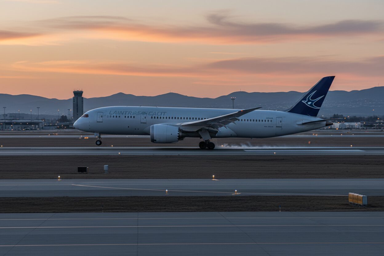 Commercial airplane landing on runway at sunset with control tower and mountains in the background.