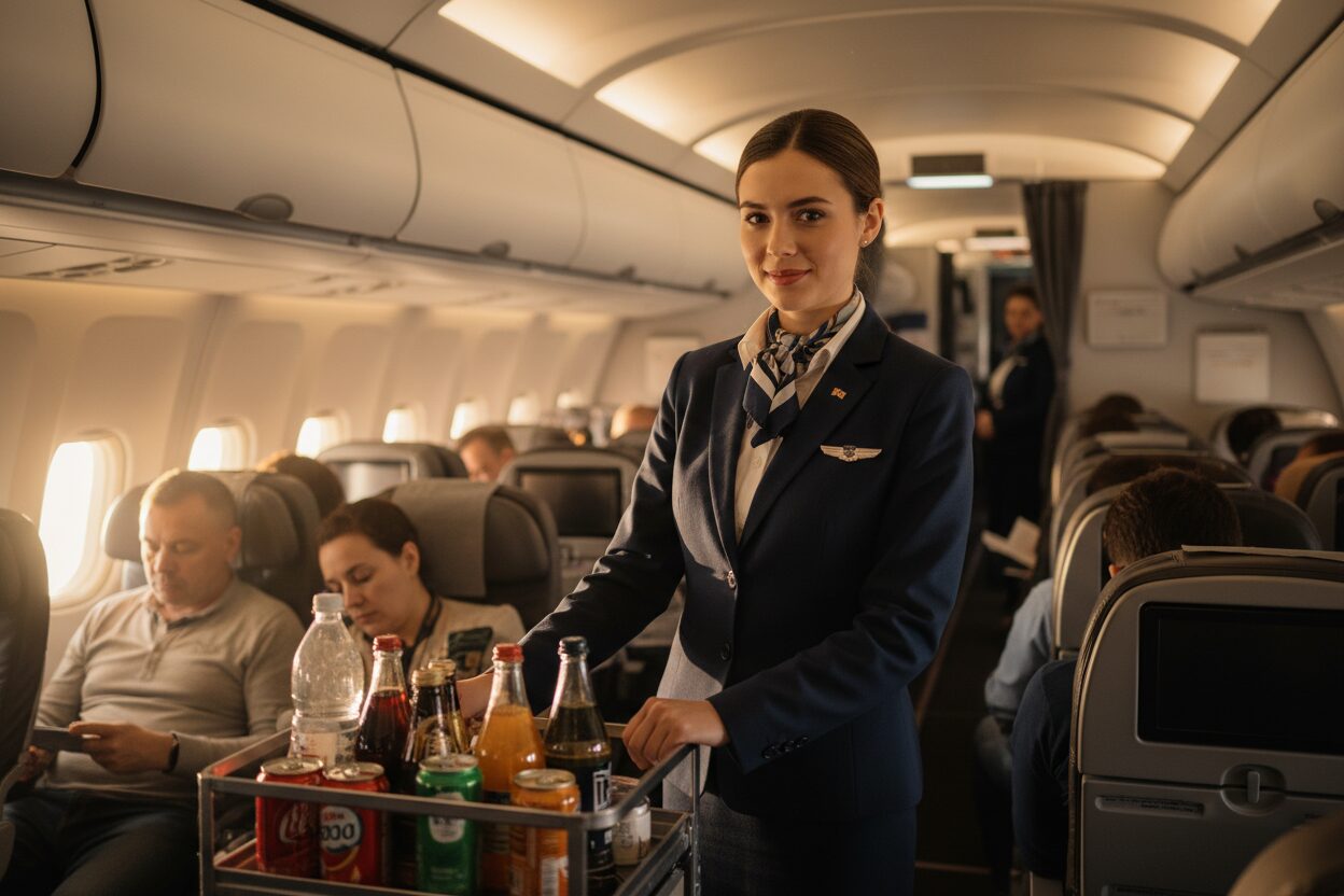 Cabin crew member serving passengers during in-flight service inside the aircraft cabin.
