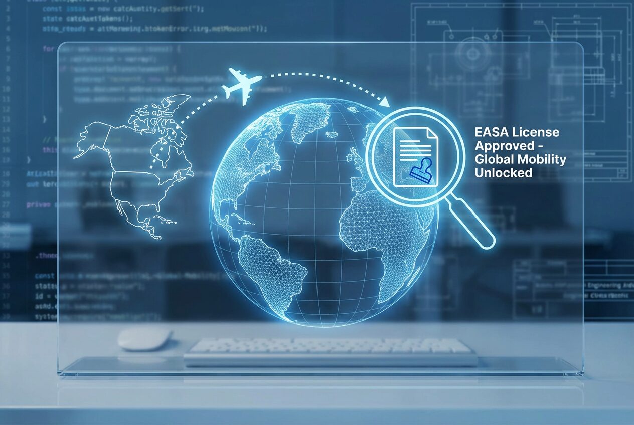 Digital illustration of a globe with an airplane and magnifying glass symbolizing global aviation licensing and mobility.