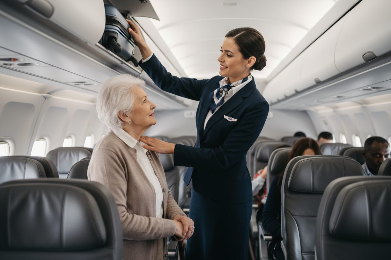 Cabin crew member helping an elderly passenger with luggage inside the aircraft cabin.