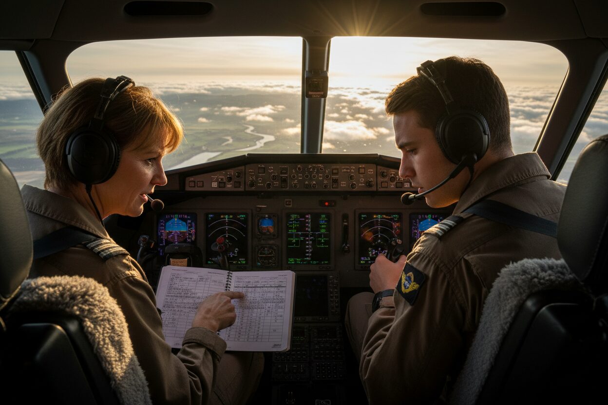 Two pilots in the cockpit reviewing flight notes during training while flying above the clouds.