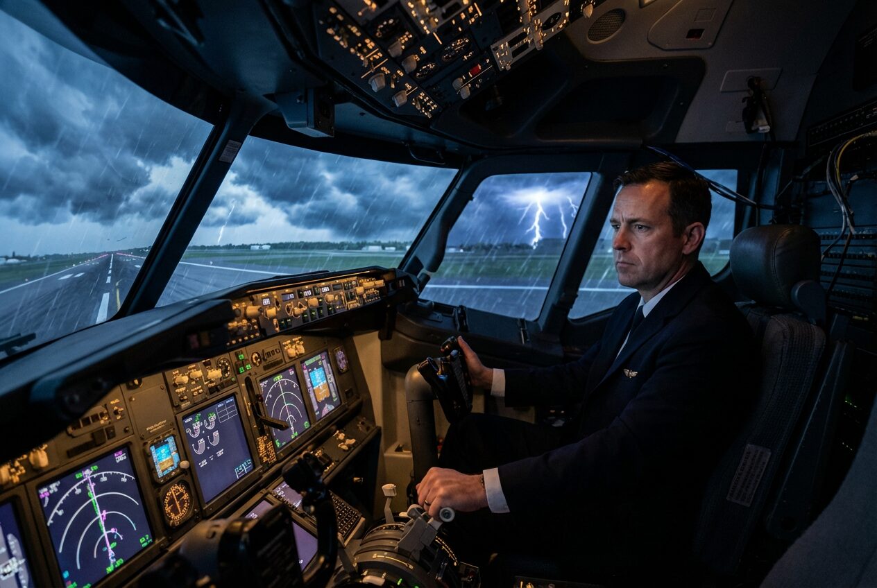 Pilot in cockpit during takeoff in stormy weather with lightning visible outside.