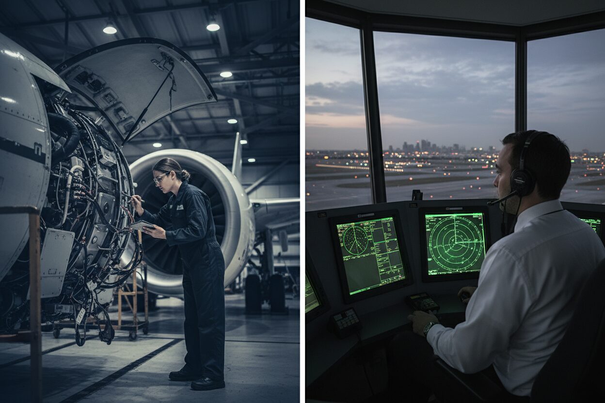 Side-by-side image showing an aircraft maintenance engineer working on a jet engine and an air traffic controller monitoring radar screens in the control tower.