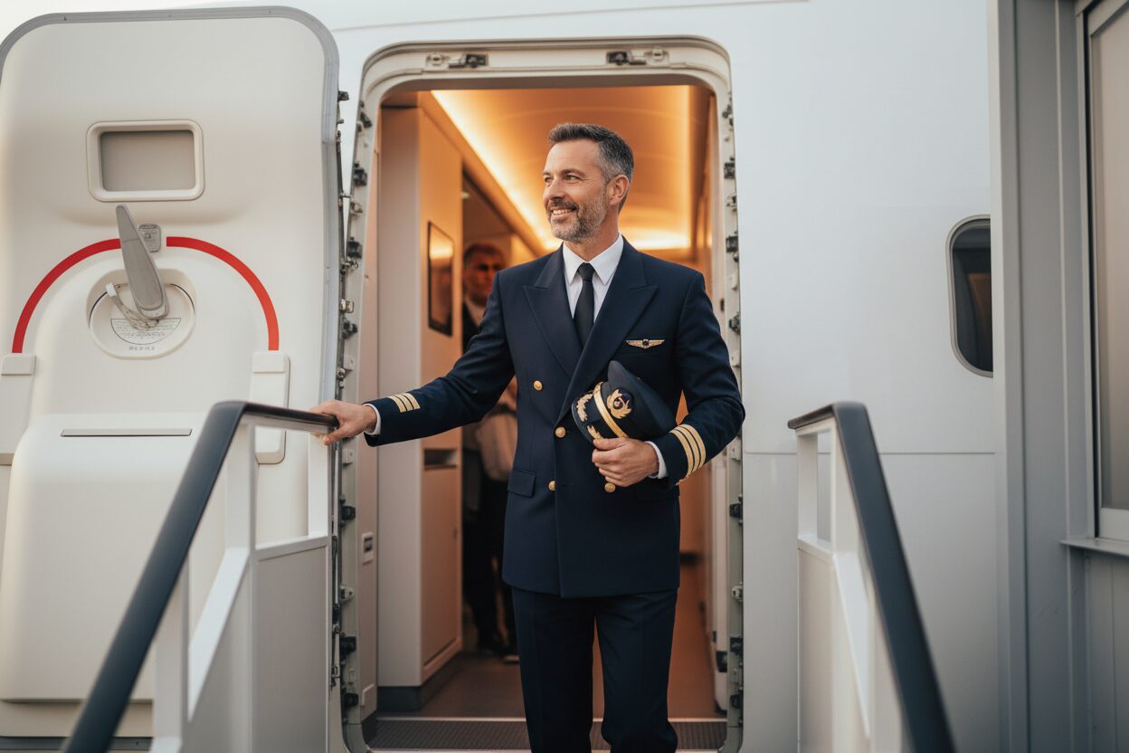 Pilot standing at the aircraft entrance, smiling while holding his hat and welcoming passengers.