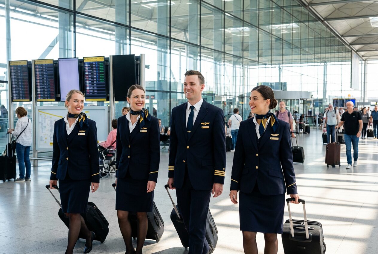 Cabin crew members walking through the airport terminal together with luggage.