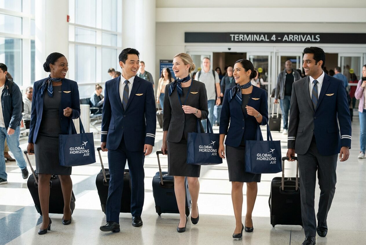 Group of cabin crew members walking through the airport terminal together with luggage.