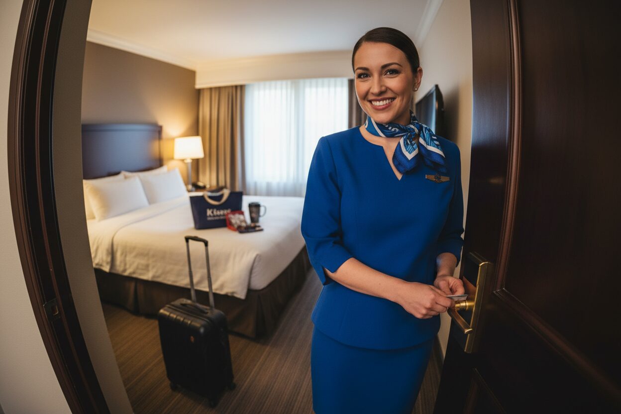 Cabin crew member entering a hotel room with luggage after a flight layover.